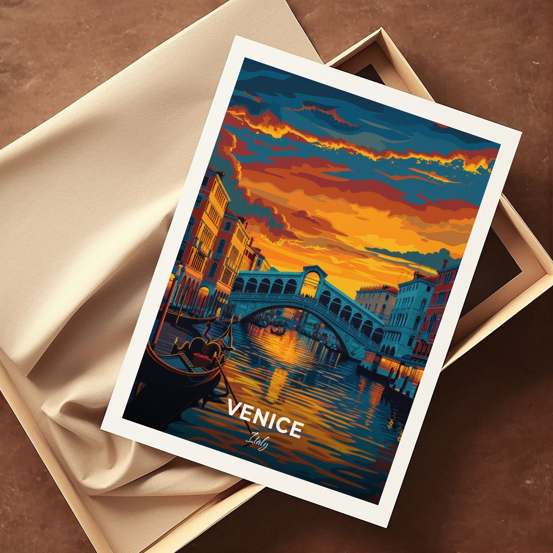 Venice Italy Rialto Bridge And Gondolas In A Fiery Sunset Poster - Image 3
