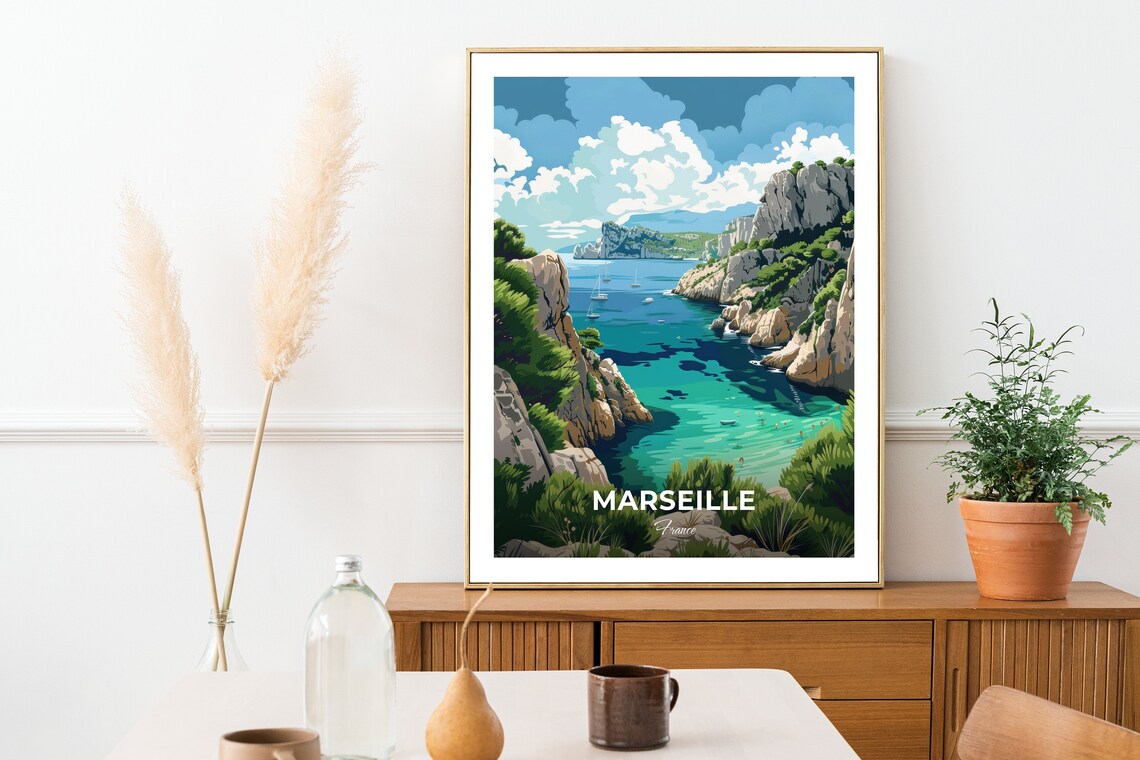 Marseille France Rocky Calanques Cove Turquoise Sea Travel Poster - Image 2