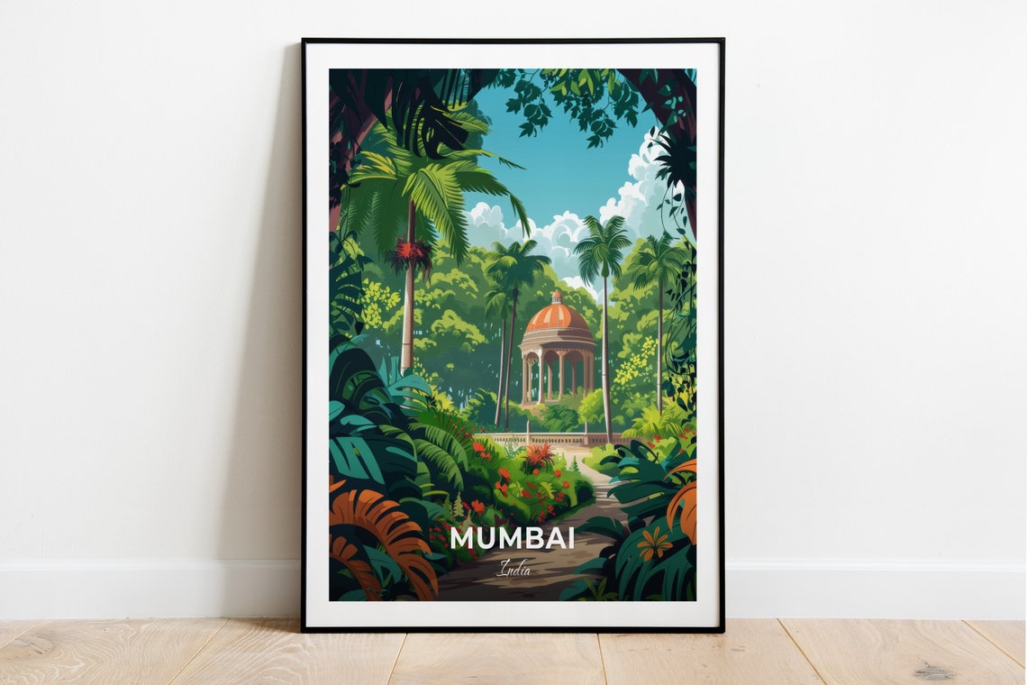 Mumbai India Travel Poster Lush Tropical Garden Gazebo Artwork