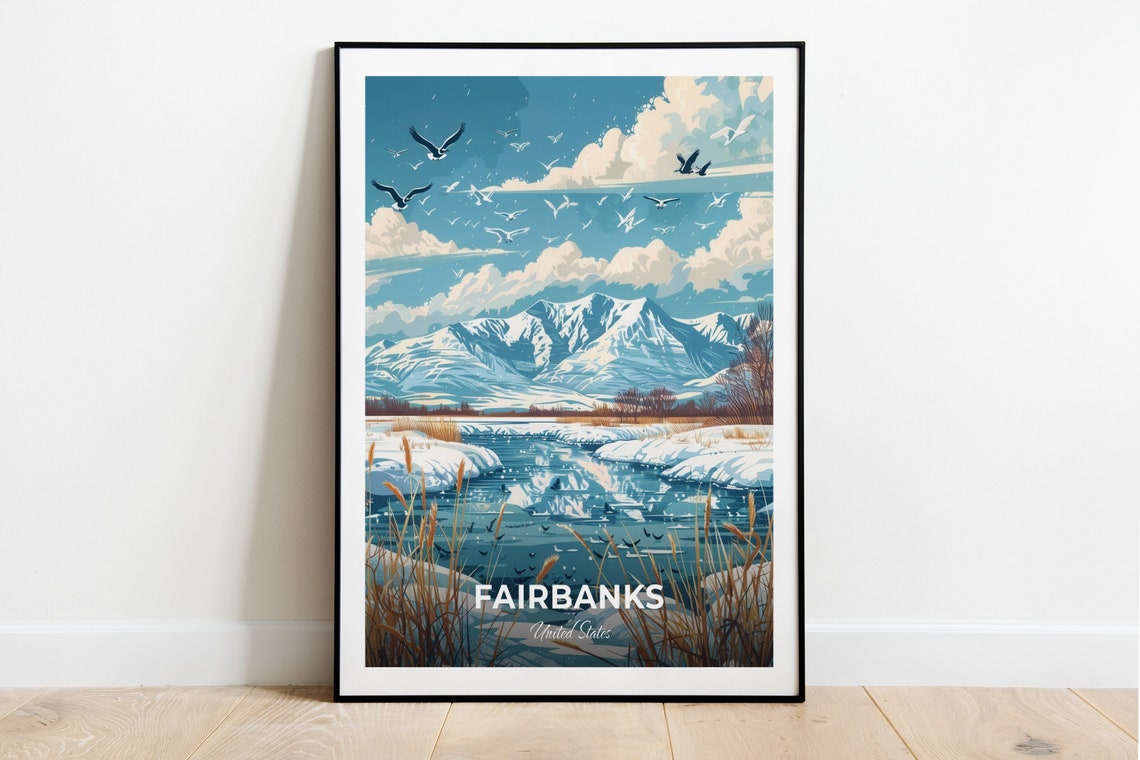 Fairbanks Alaska Winter Migratory Birds Icy River Travel Poster