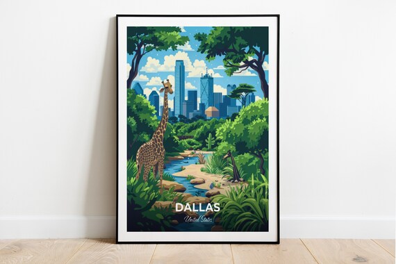 Dallas Zoo Giraffe Wildlife Oasis City Skyline Travel Poster