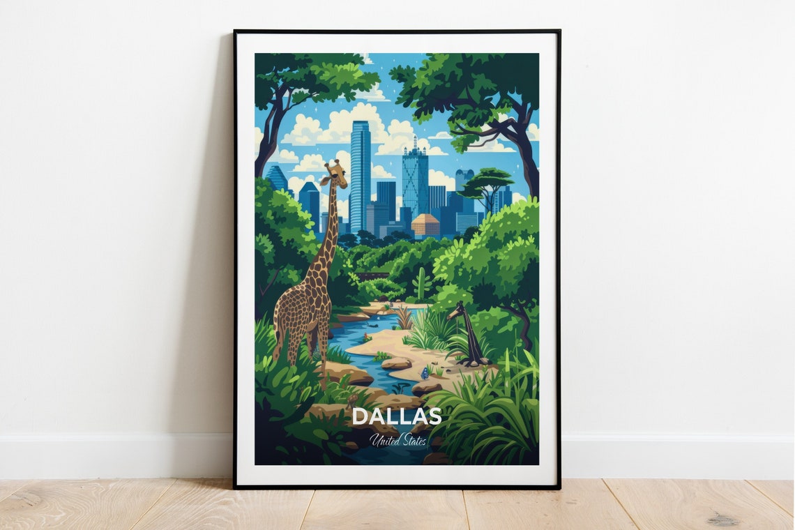 Dallas Zoo Giraffe Wildlife Oasis City Skyline Travel Poster