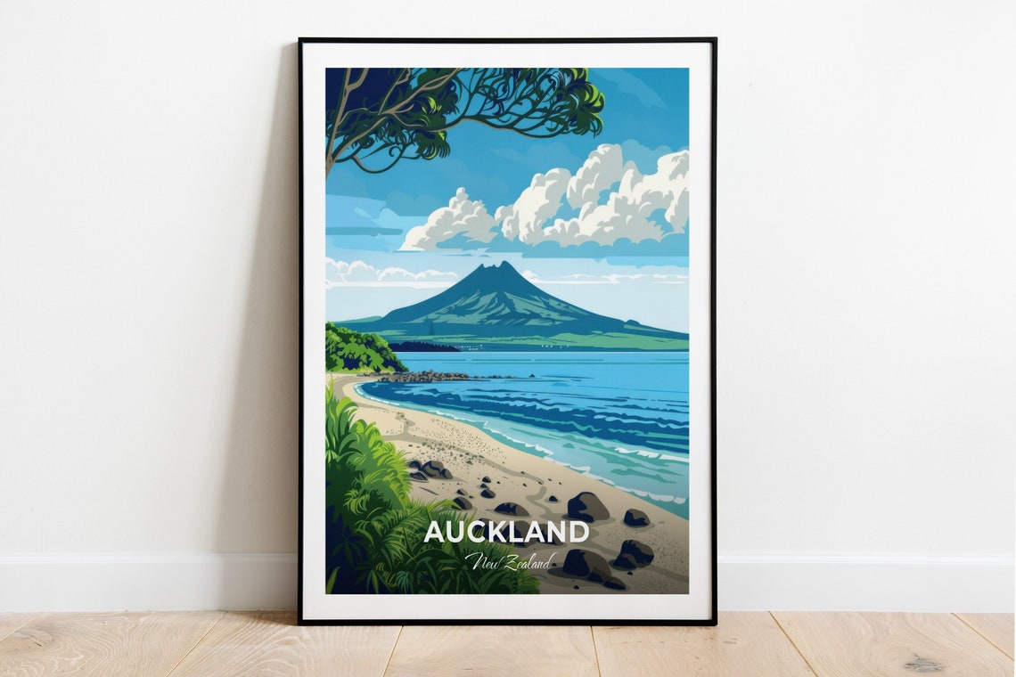 Auckland New Zealand Rangitoto Island Beach Volcano Travel Poster