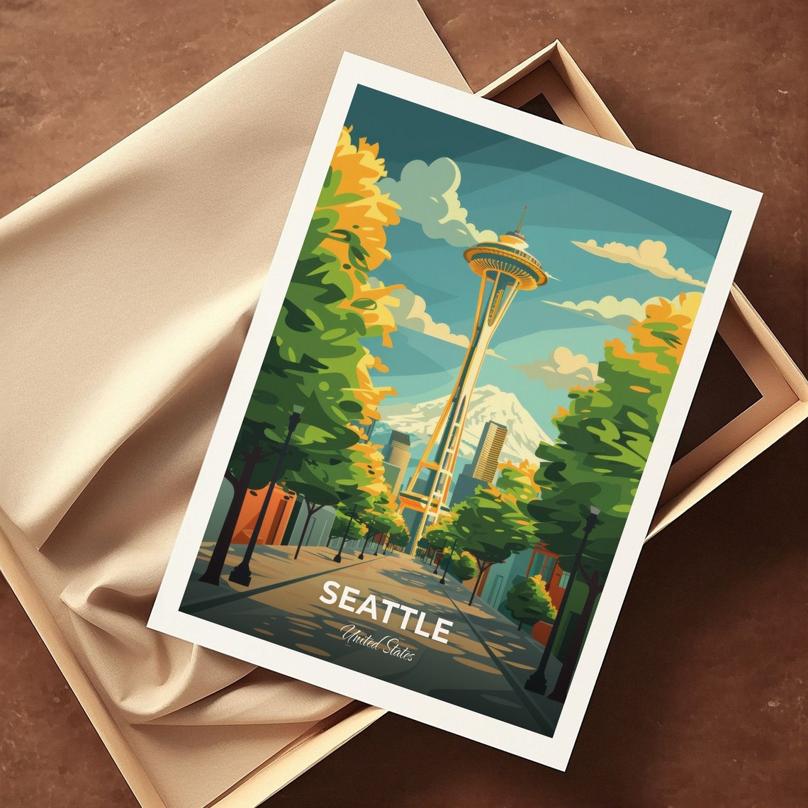 Seattle Space Needle with Mount Rainier Street View Travel Poster - Image 3