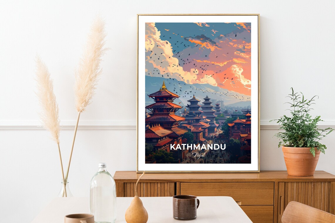 Kathmandu Nepal Pagoda Temples Sunset Birds Flying City Panorama Poster - Image 2