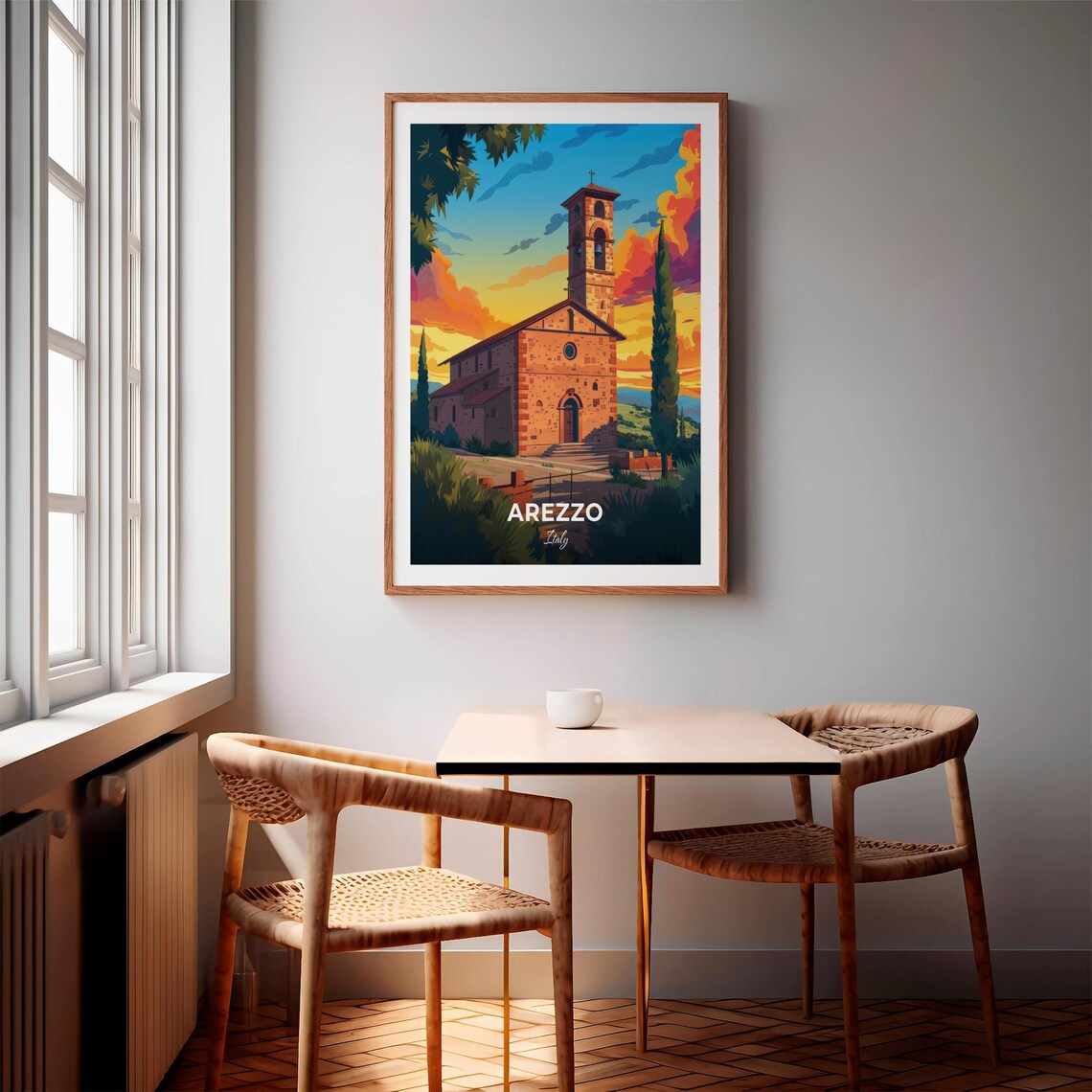 Arezzo Italy Stone Church Sunset Cypress Tuscan Scene Travel Poster - Image 3