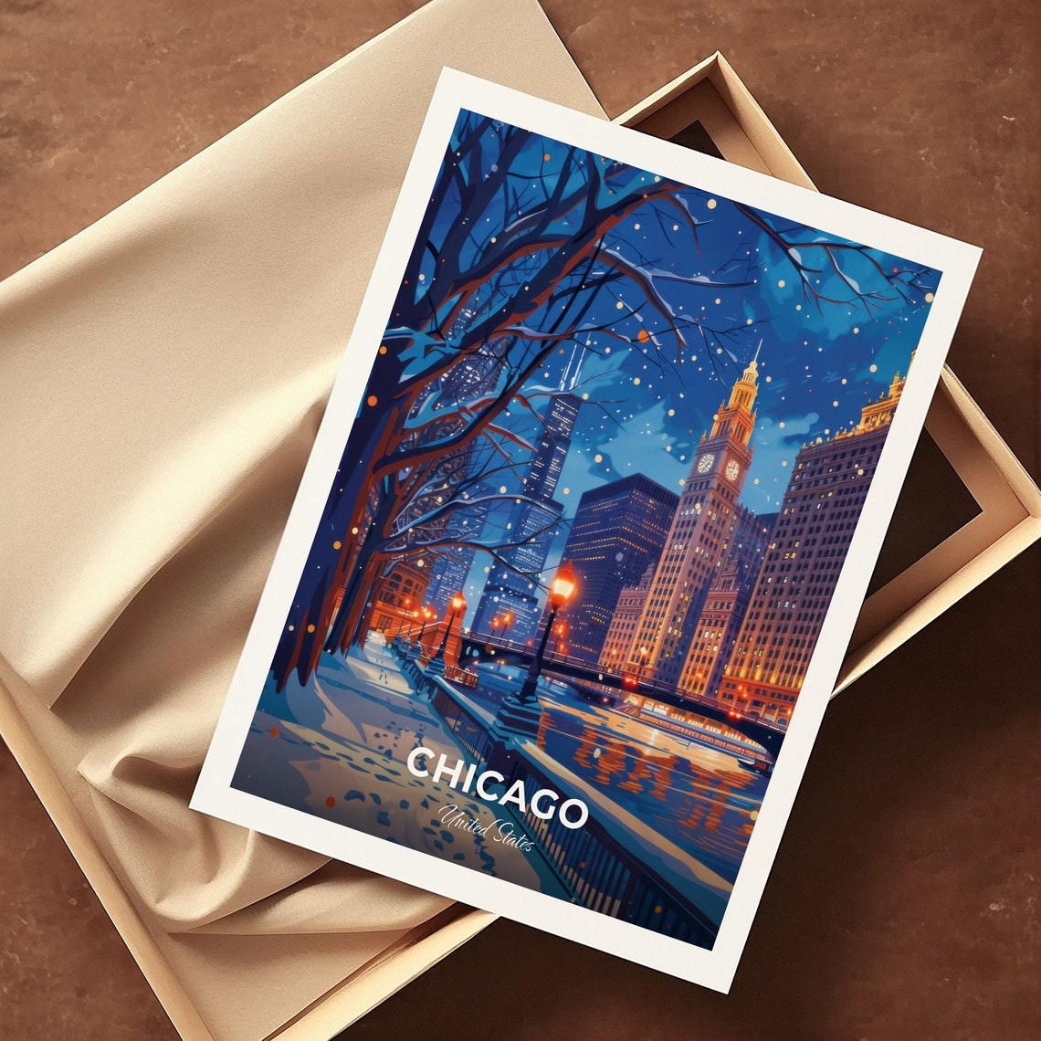 Chicago Riverwalk Snowy Night Clock Tower United States Travel Poster - Image 3