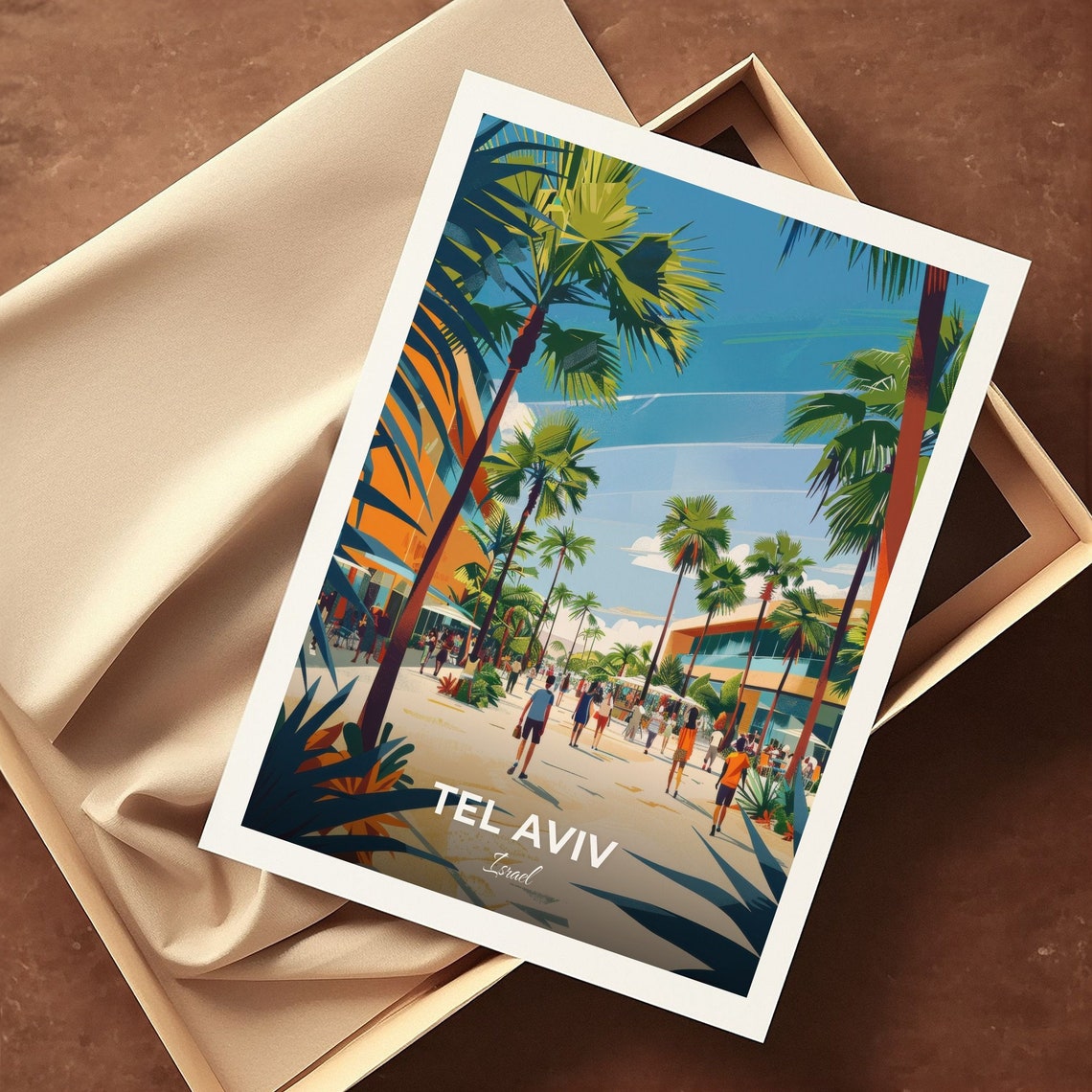 Tel Aviv Palm Lined Promenade Plaza Beach Stroll Travel Scene Poster - Image 3