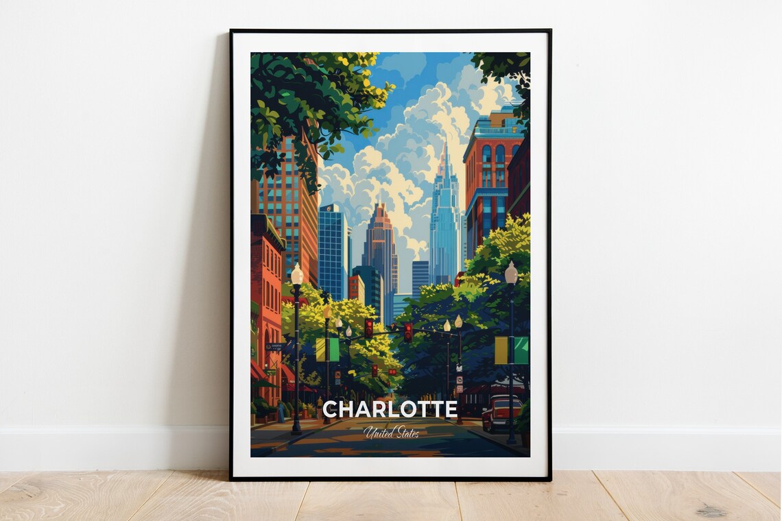 Charlotte United States Uptown Skyline Tree Lined Street Sunny Poster