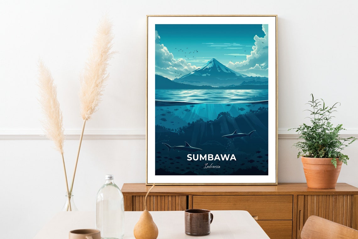 Sumbawa Indonesia Volcano and Sharks Split View Travel Poster - Image 3