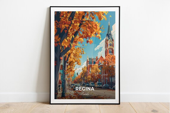 Regina Canada Autumn Maple Street Historic Brick Building Travel Poster