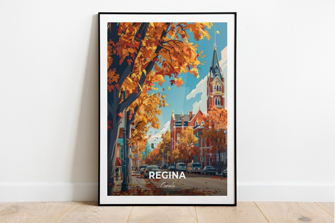 Regina Canada Autumn Maple Street Historic Brick Building Travel Poster