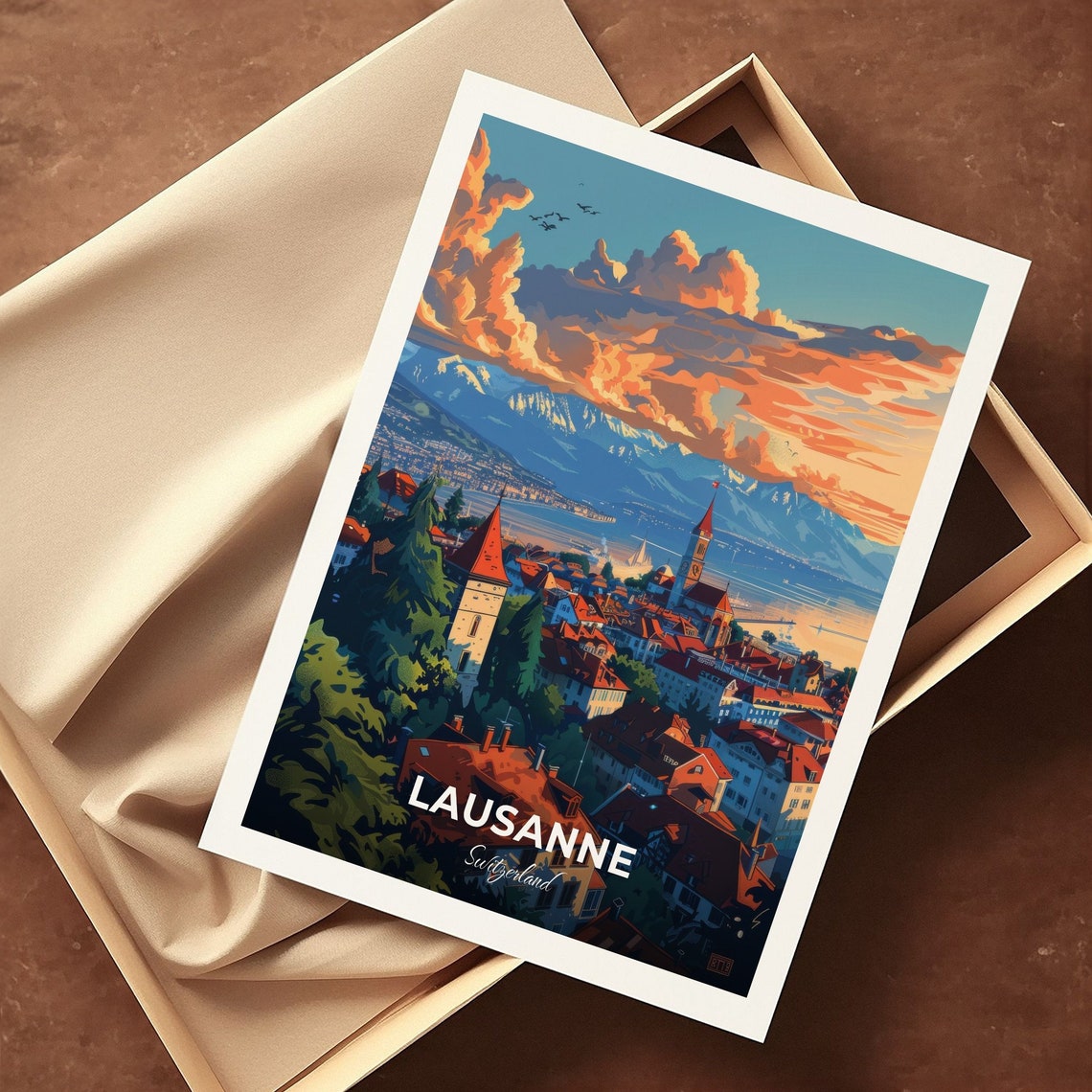 Lausanne Old Town Rooftops Alpine Lake Sunset Vista Travel Poster - Image 3