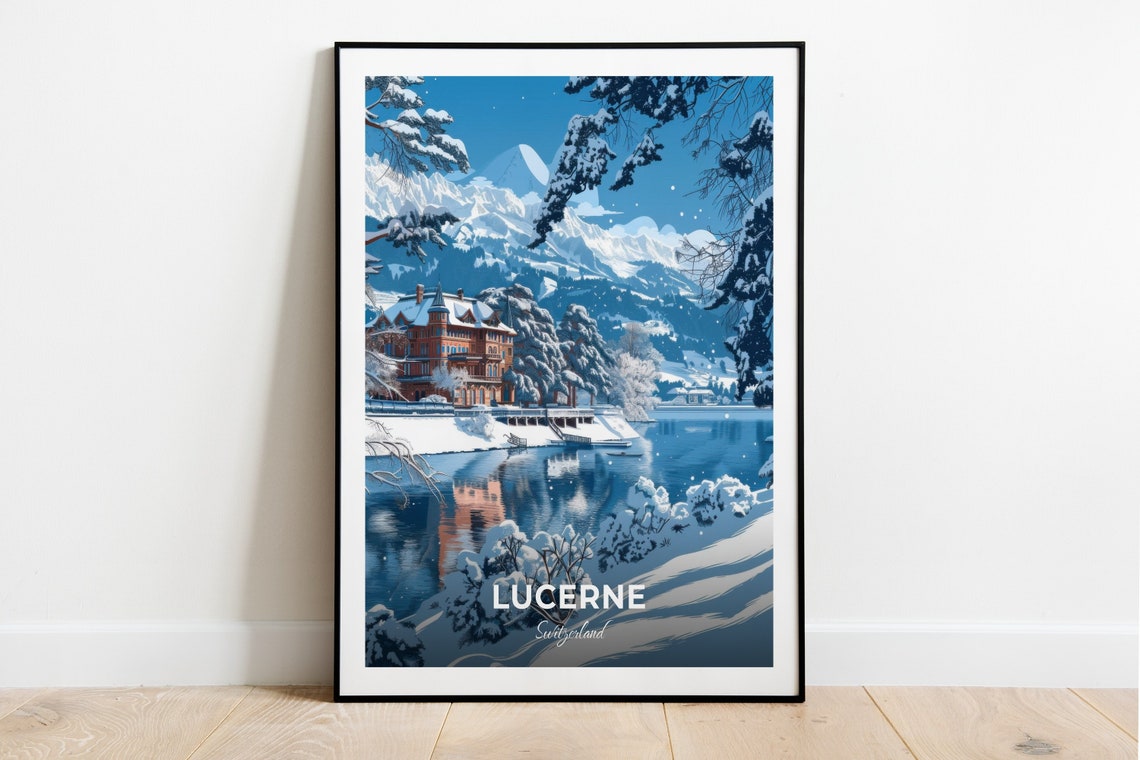 Lucerne Switzerland Winter Lakeside Villa Snowy Alps Travel Poster