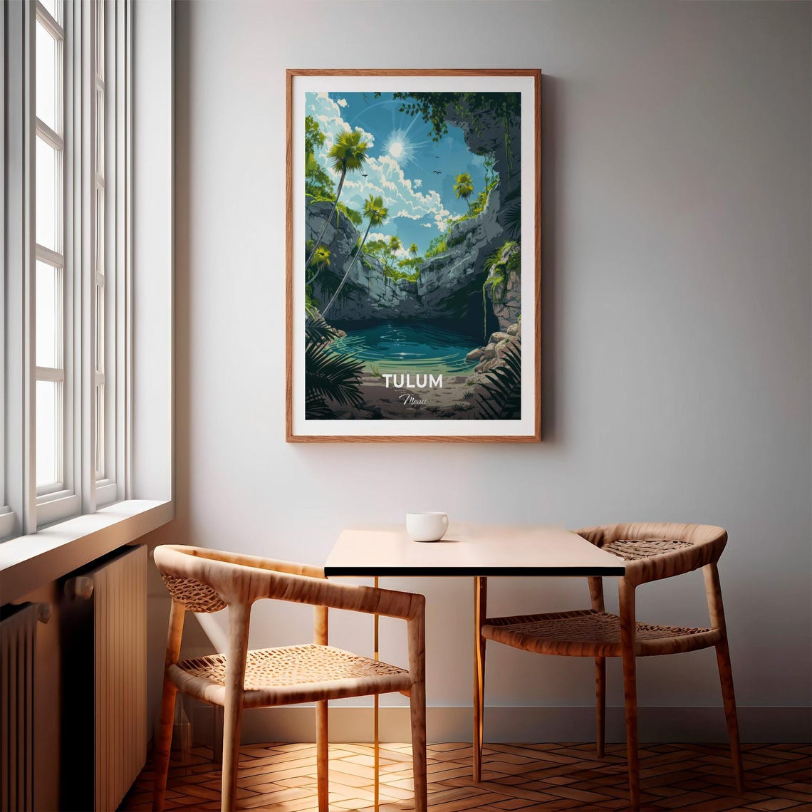 Tulum Mexico Sunlit Cenote Rock Palms Jungle Oasis Travel Poster - Image 3