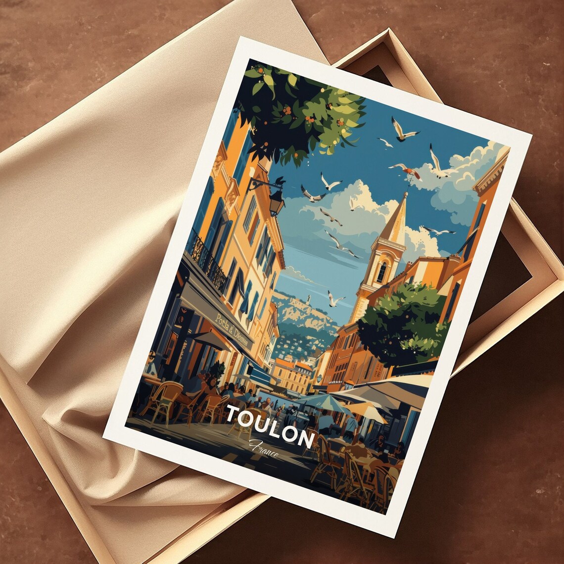 Toulon France Sunny Cafe Street Church Spire Coast Travel Poster - Image 3