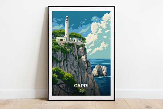 Capri Italy Punta Carena Lighthouse Ocean Cliffs Travel Poster