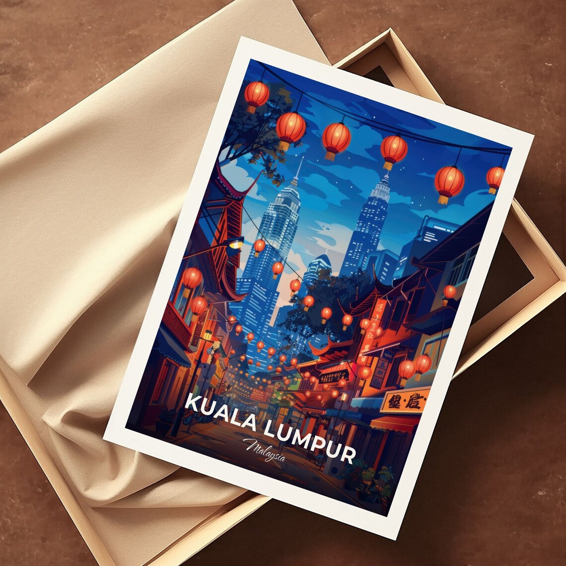 Kuala Lumpur Malaysia Night Lanterns and City Towers Travel Poster - Image 3