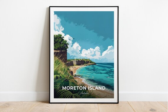 Moreton Island Australia Green Cliffs Over a Turquoise Bay Travel Poster