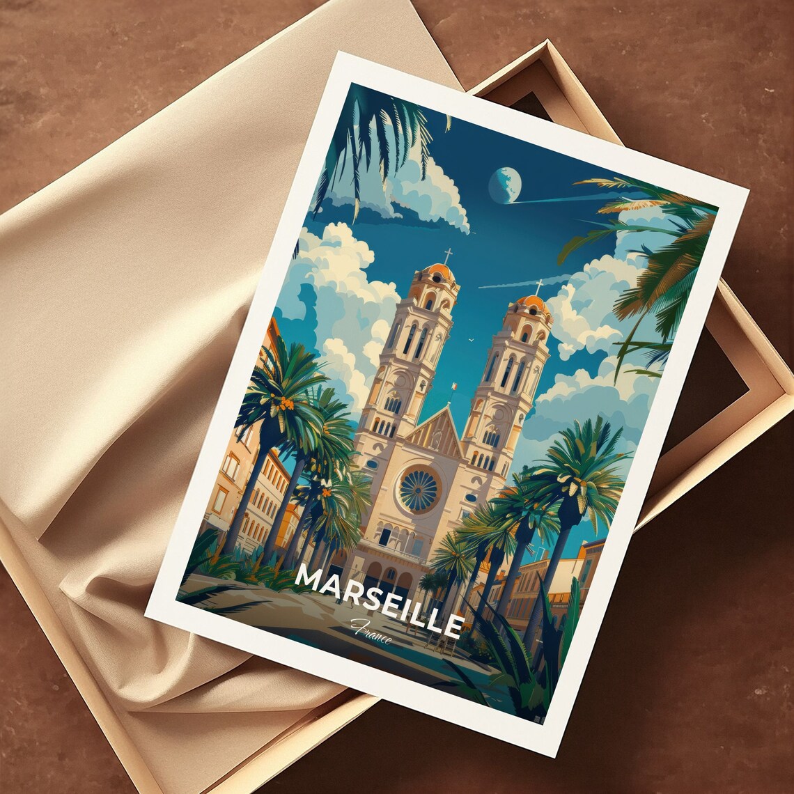 Marseille France Cathedrale La Major Palm Trees Night Travel Poster - Image 3