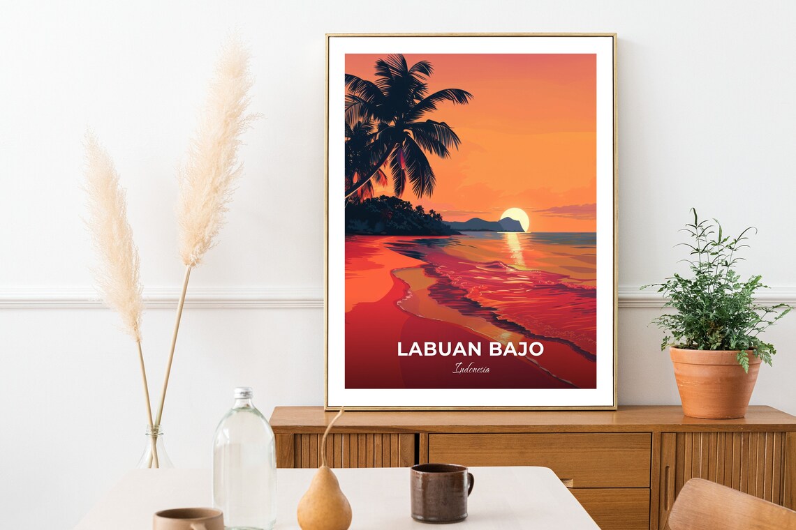 Labuan Bajo Sunset Beach Palm Silhouette Indonesia Vintage Travel Poster - Image 3