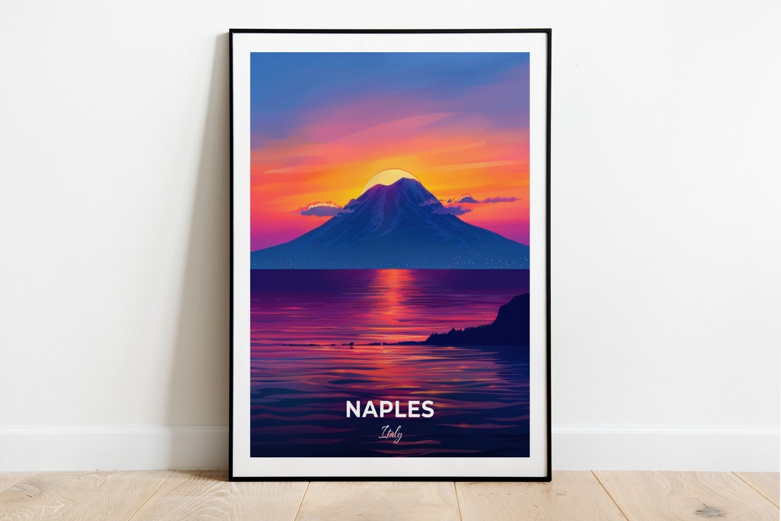 Naples Italy Mount Vesuvius Sunset Bay Vintage Travel Poster