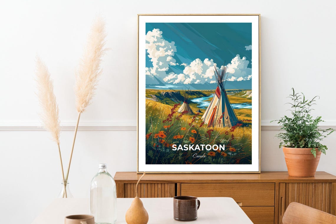 Saskatoon Canada Prairie Tipis River Wildflower Field Poster - Image 3