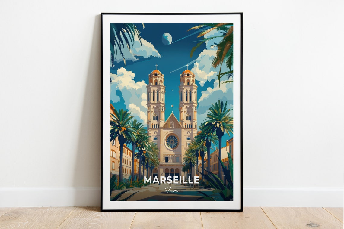 Marseille France Cathedrale La Major Palm Trees Night Travel Poster