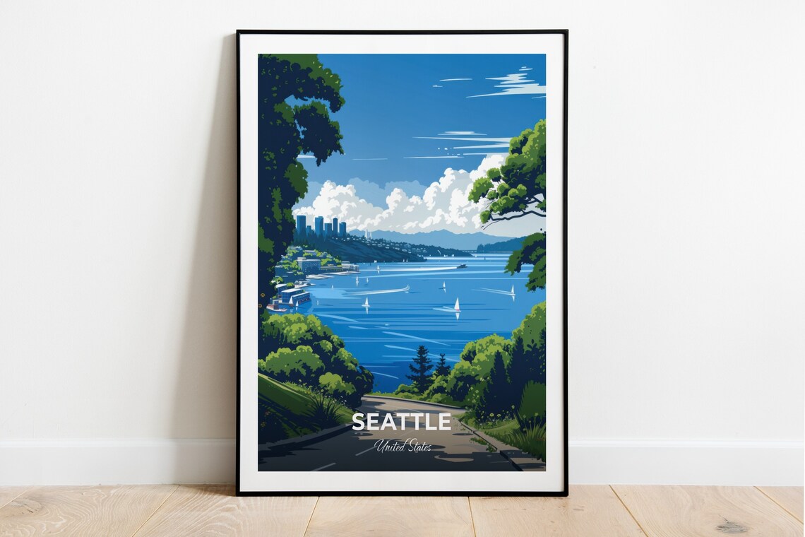 Seattle Lake Union Sailboats Skyline Blue Water United States Travel Poster