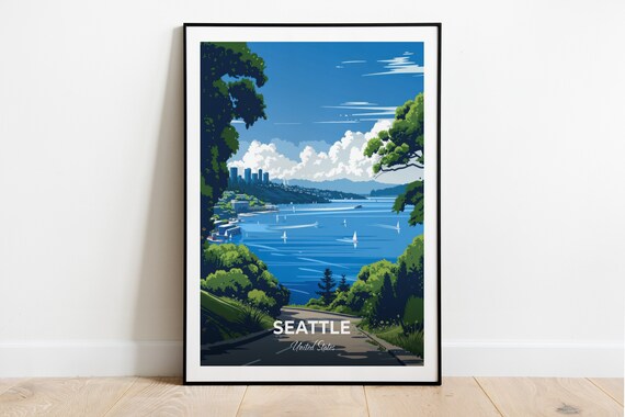 Seattle Lake Union Sailboats Skyline Blue Water United States Travel Poster