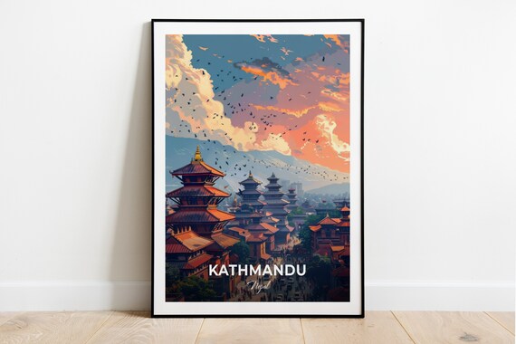 Kathmandu Nepal Pagoda Temples Sunset Birds Flying City Panorama Poster