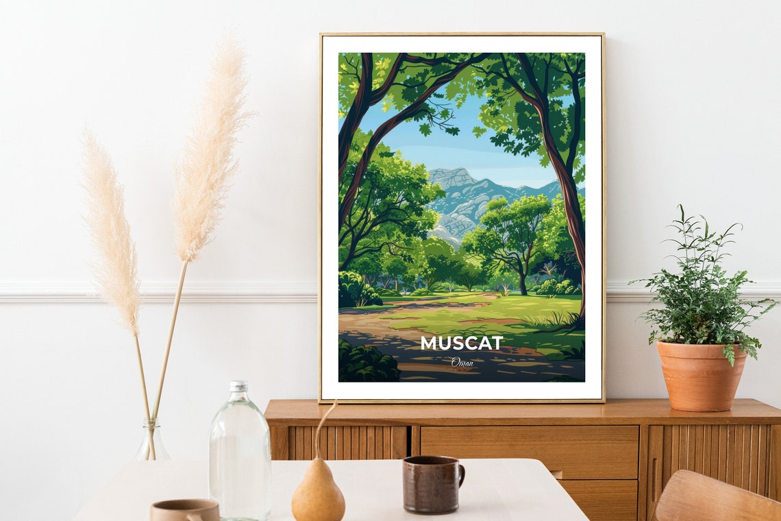 Muscat Oman Leafy Green Park Trees Rugged Mountains Travel Poster - Image 2