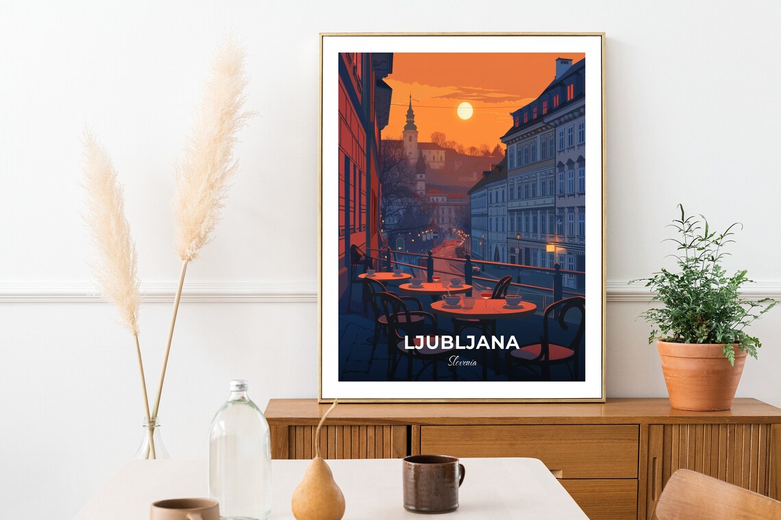 Ljubljana Slovenia Evening Cafe Terrace Old Town Travel Poster - Image 2