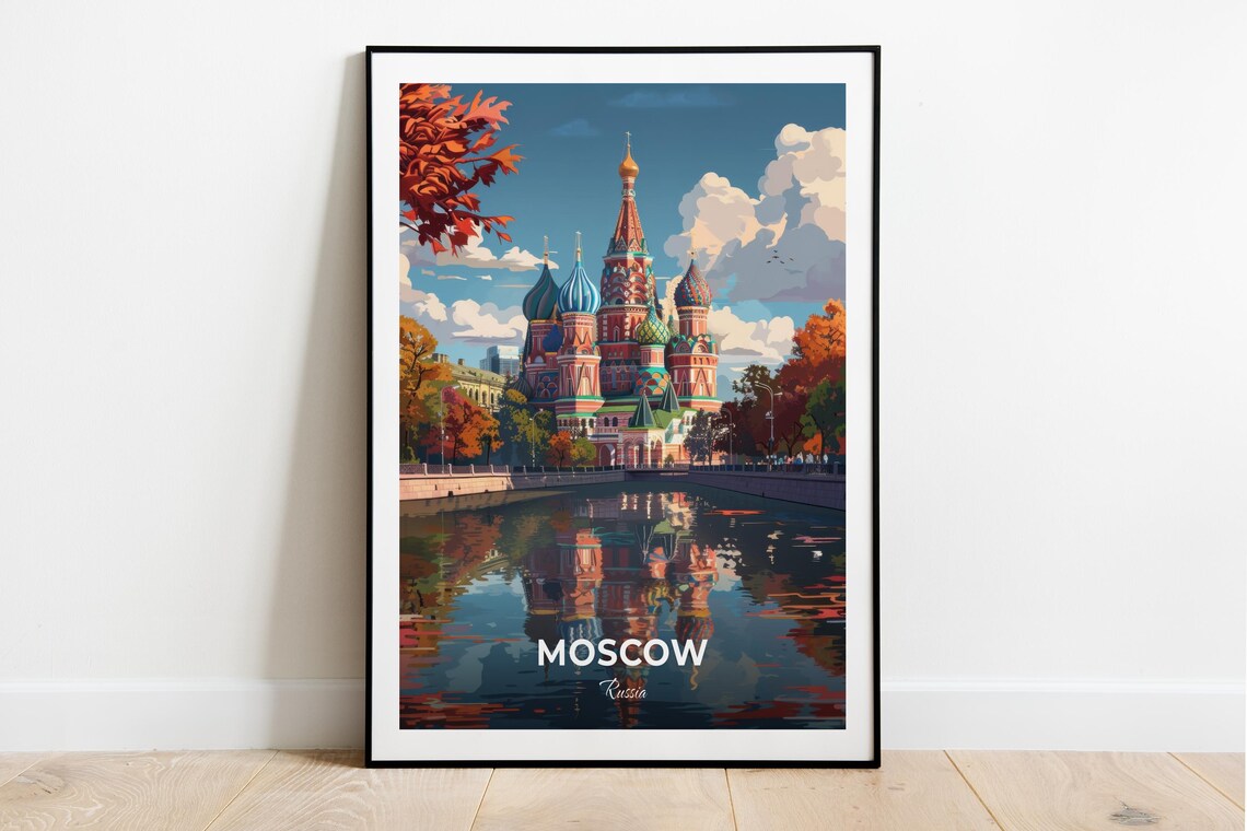 Moscow Russia Saint Basils Cathedral Autumn Vintage Travel Poster