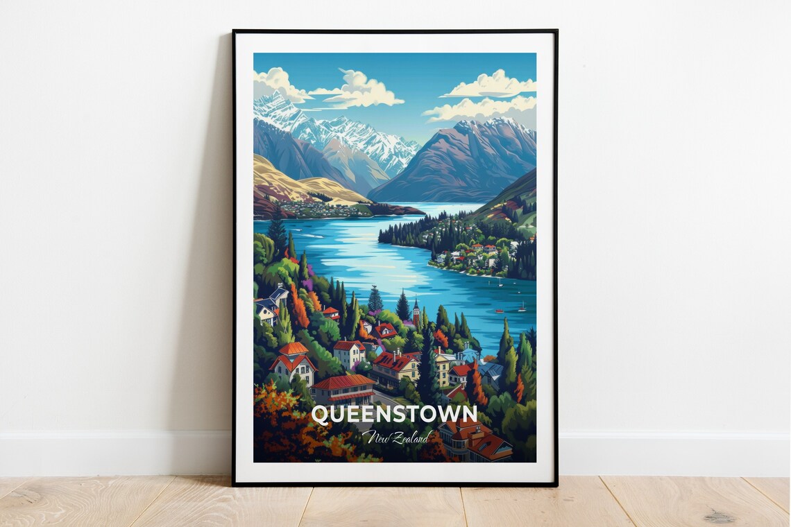 Queenstown Lake Wakatipu Snowy Peaks Lakeside Town Travel Poster