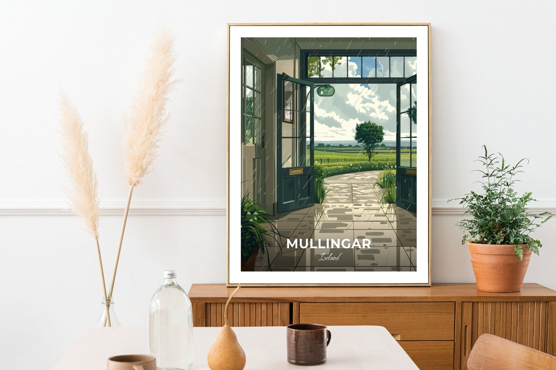 Mullingar Ireland Rainy Doorway Green Fields View Travel Poster - Image 2
