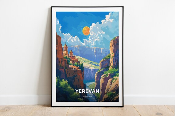 Yerevan Armenia Hrazdan Gorge Monastery Cliffs Vintage Travel Poster