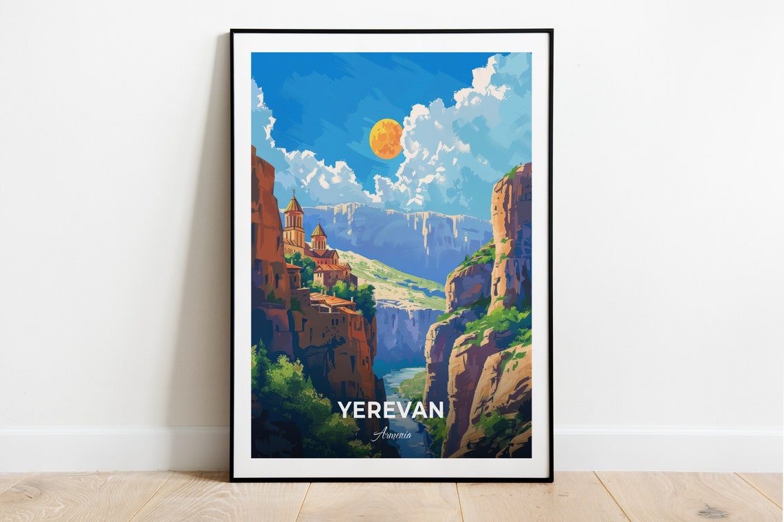 Yerevan Armenia Hrazdan Gorge Monastery Cliffs Vintage Travel Poster