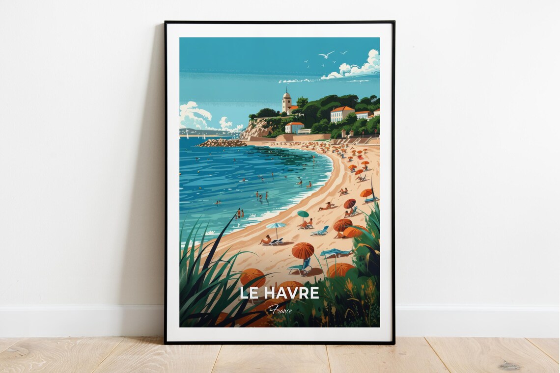 Le Havre France Sandy Beach Umbrellas Lighthouse Coast Travel Poster