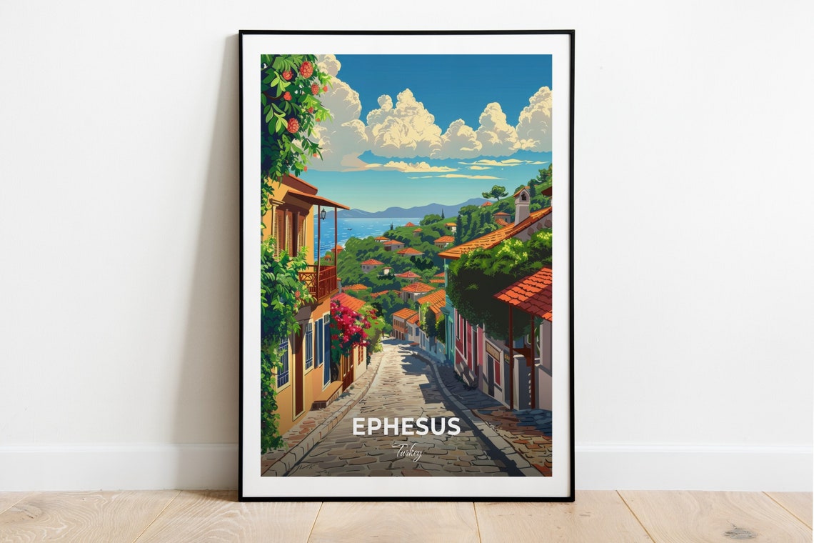 Ephesus Turkey Old Town Cobblestone Street Red Roofs Travel Poster