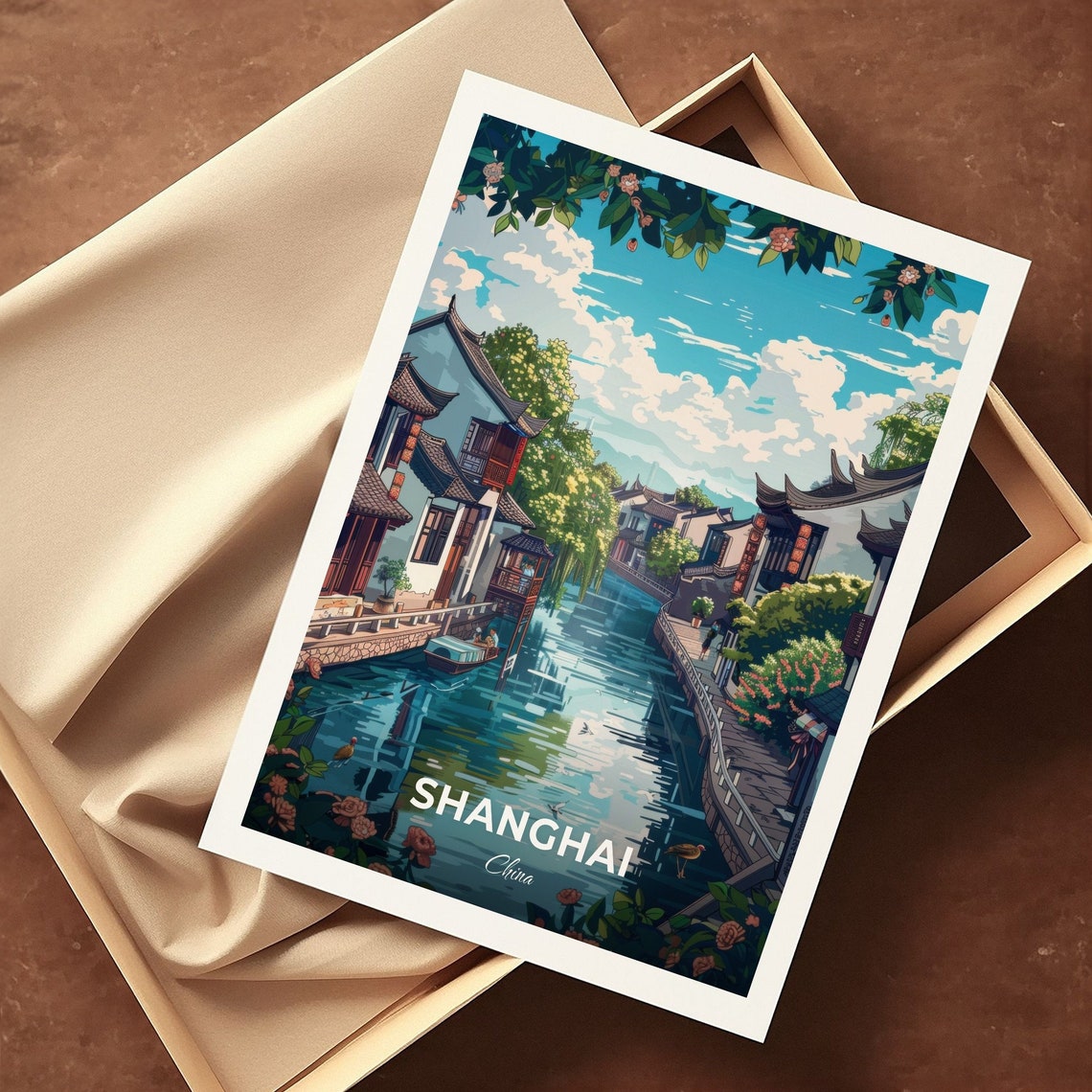 Shanghai China Qibao Ancient Town Water Canal Scene Travel Poster - Image 3