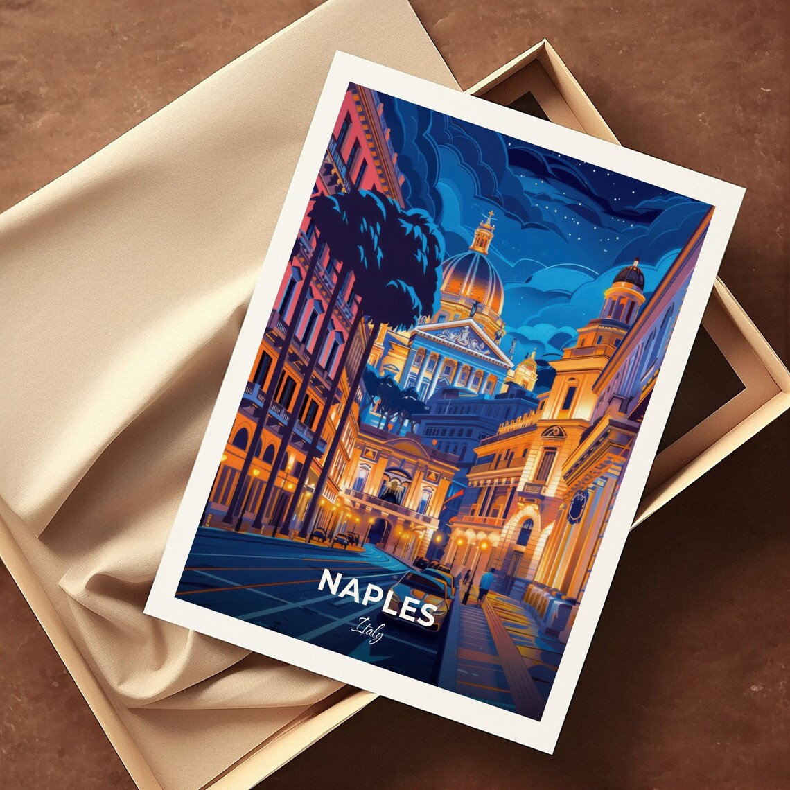 Naples Italy San Carlo Theatre Night Street Vintage Travel Poster - Image 3