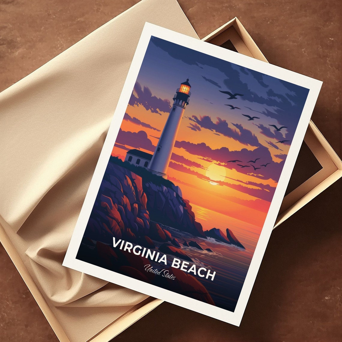 Virginia Beach Lighthouse Sunset Rocky Coast Seabirds Travel Poster - Image 3