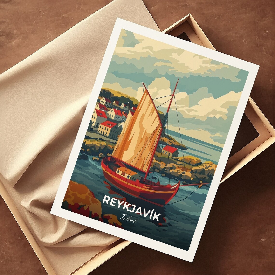 Reykjavik Fishing Sailboat Rocky Harbor Village Coast Travel Poster - Image 3