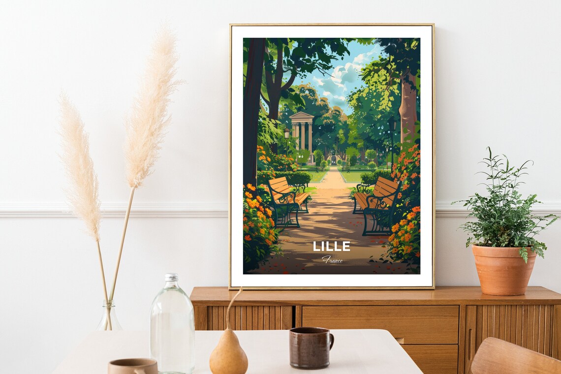 Lille France Park Garden Benches Flower Beds Pavilion Travel Poster - Image 2