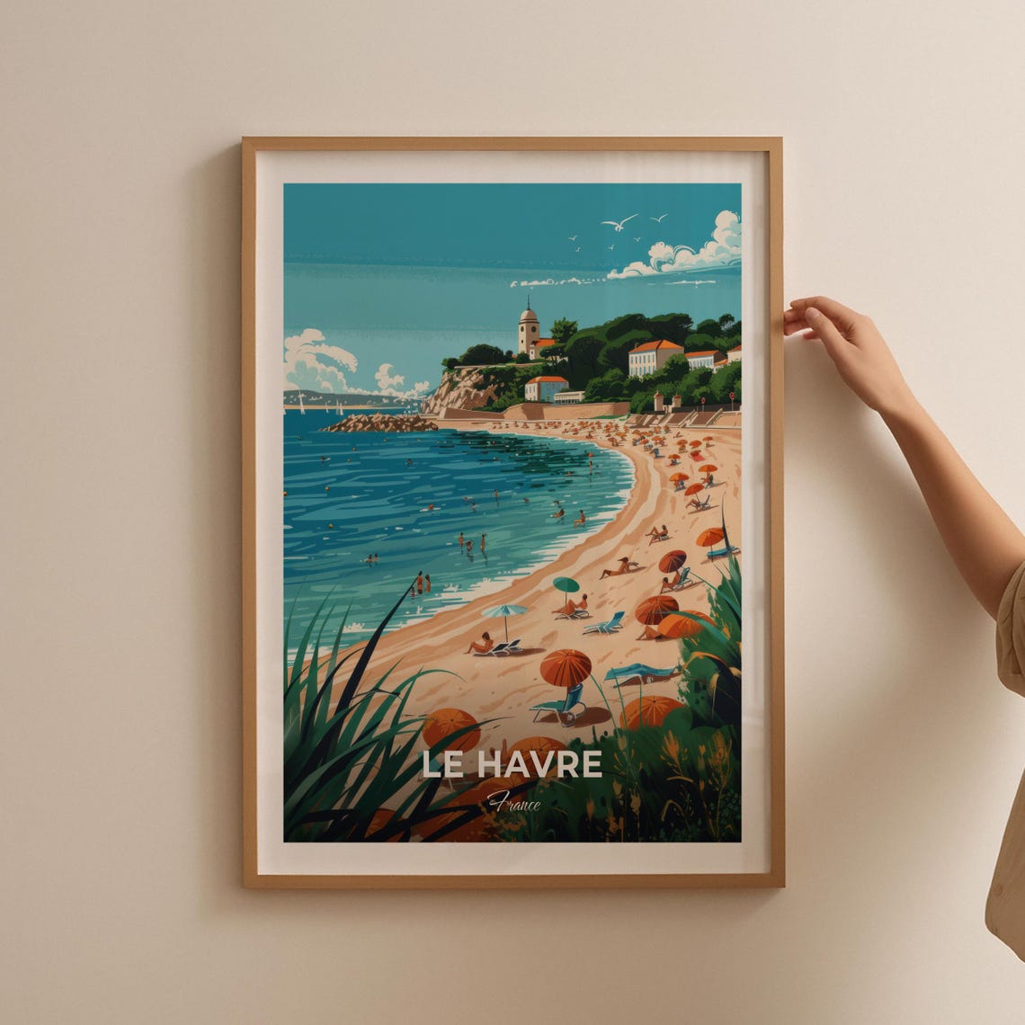 Le Havre France Sandy Beach Umbrellas Lighthouse Coast Travel Poster - Image 2