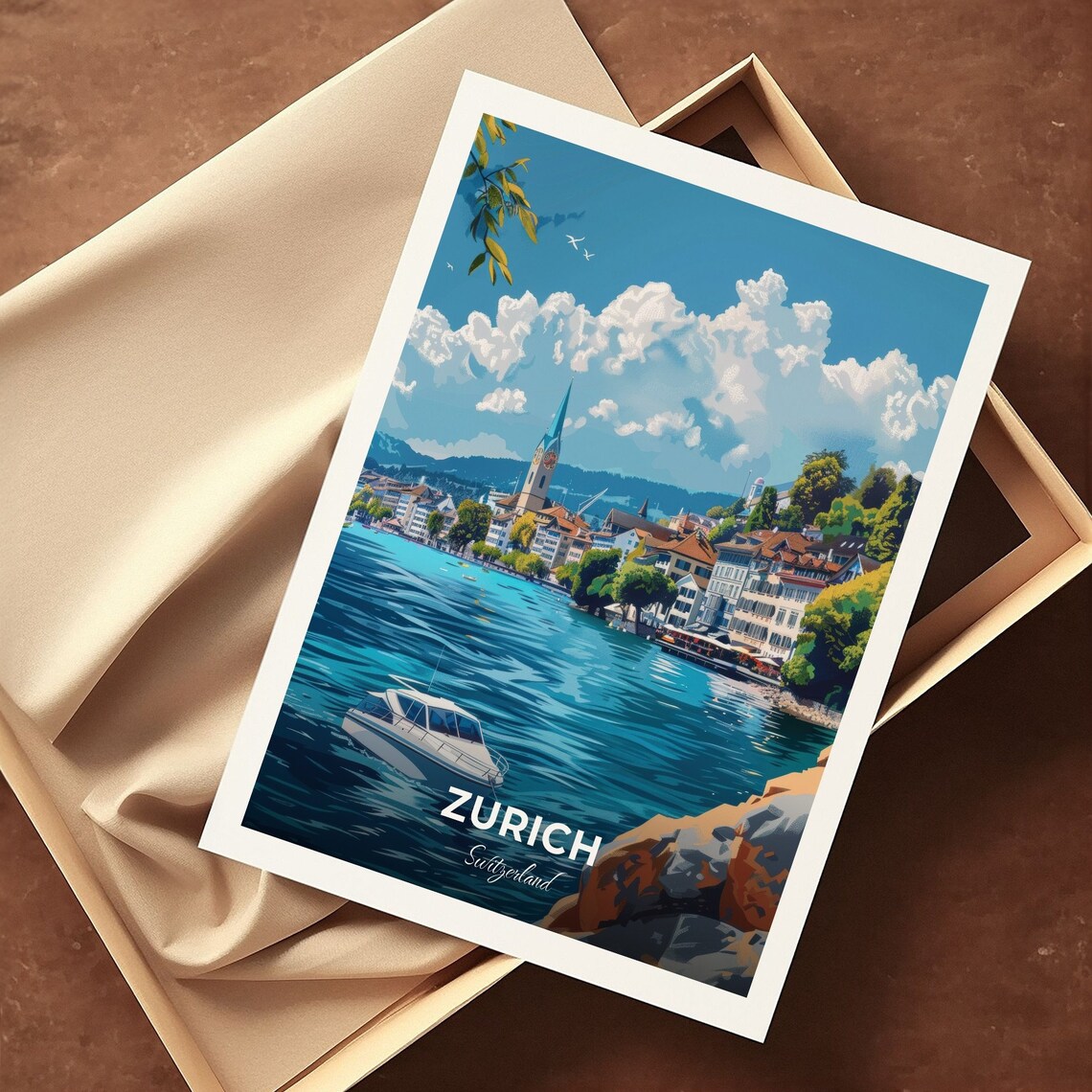 Zurich Switzerland Lake Zurich Old Town Boat Harbor Travel Poster - Image 3