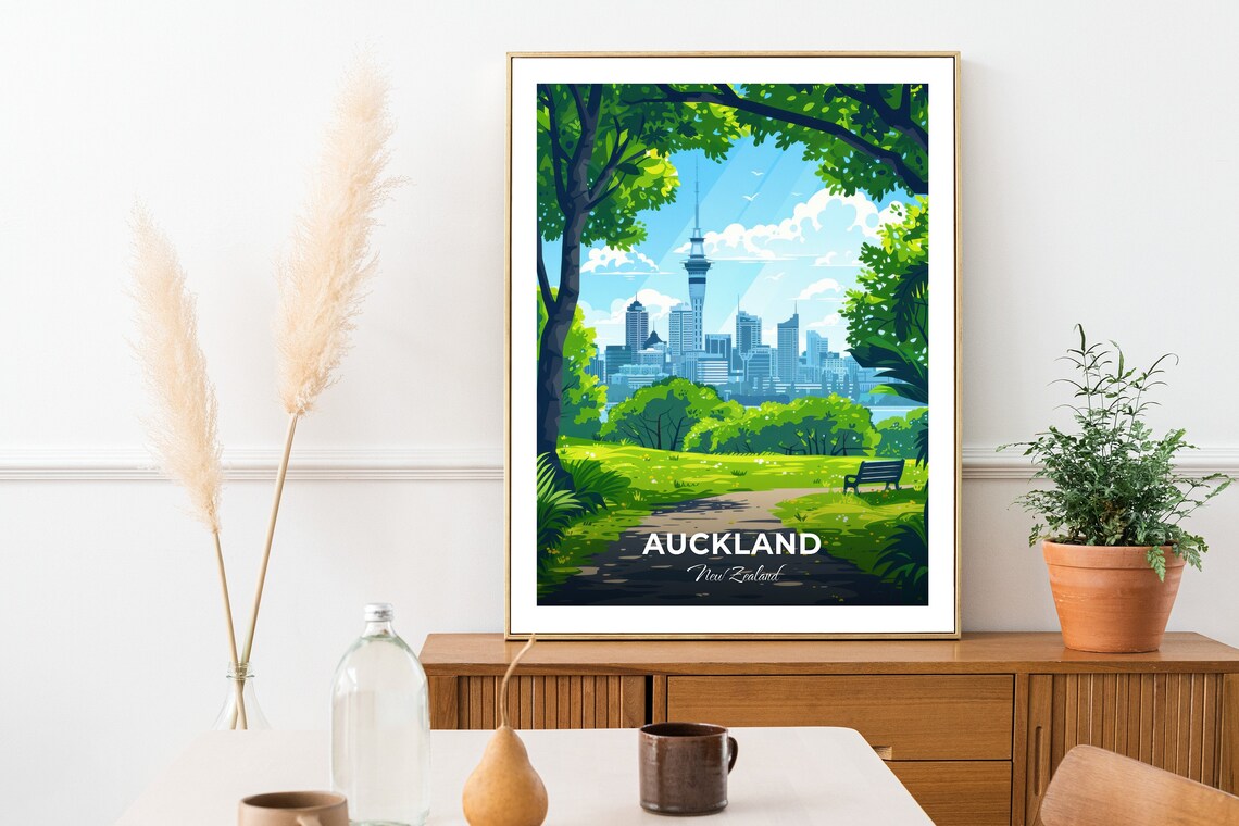 Auckland New Zealand Sunny Park View Of Sky Tower Skyline Poster - Image 2