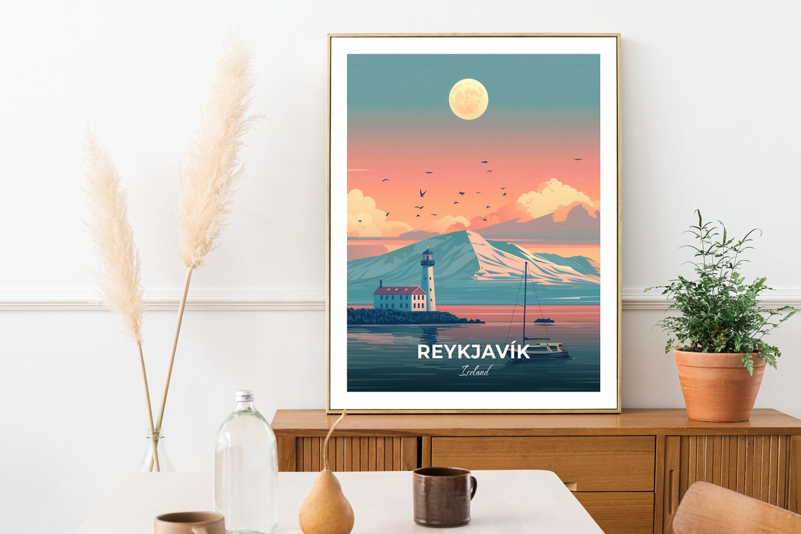 Reykjavik Iceland Lighthouse Moonrise Mountain Sailboat Night Poster - Image 2