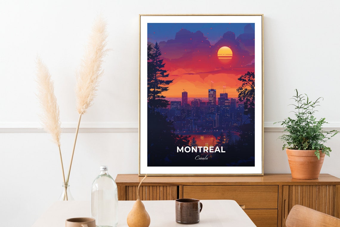Montreal Canada Downtown Skyline Sunset Red Sun Trees Travel Poster - Image 2